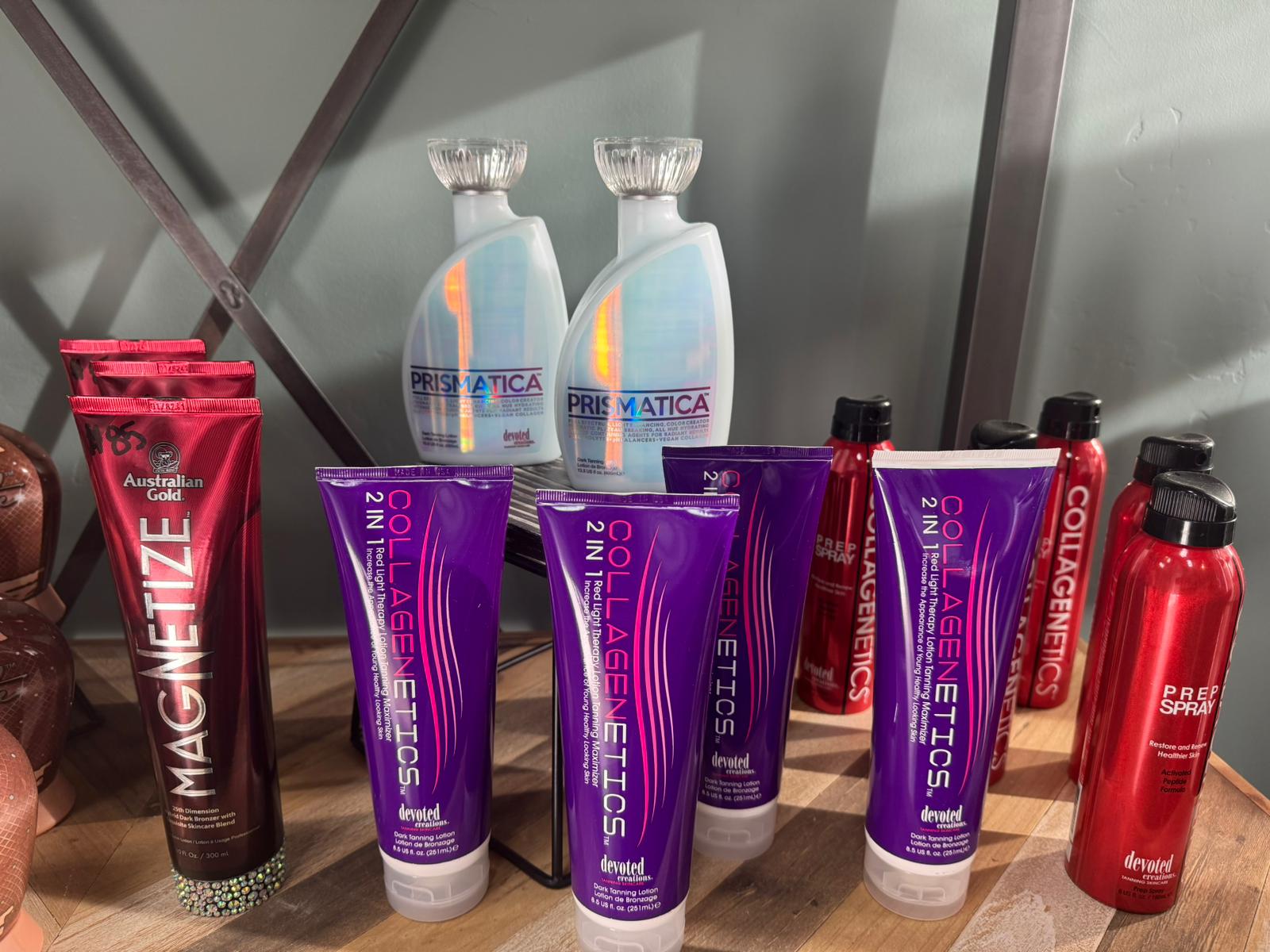 The Collagenetics line, designed for red light sessions combined with tanning.
