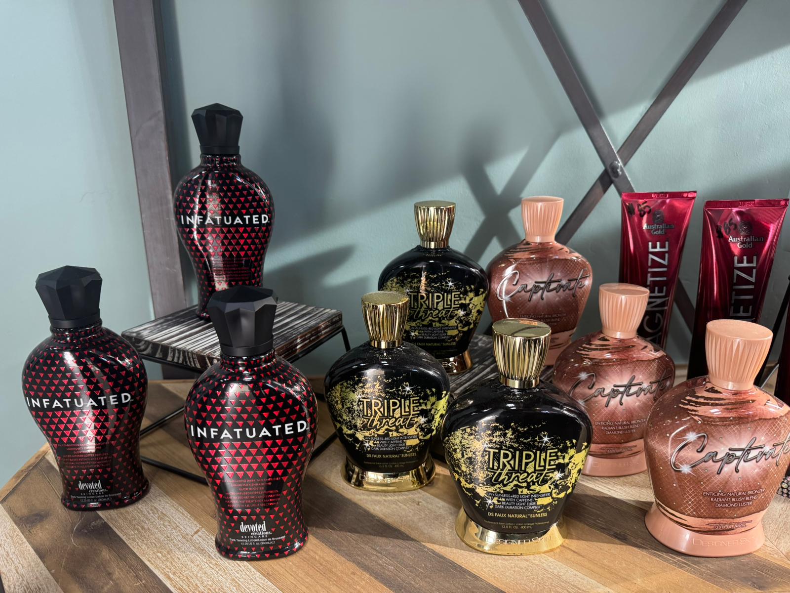Tanning lotions for all light spectrums, with bronzers, peptides and collagen.